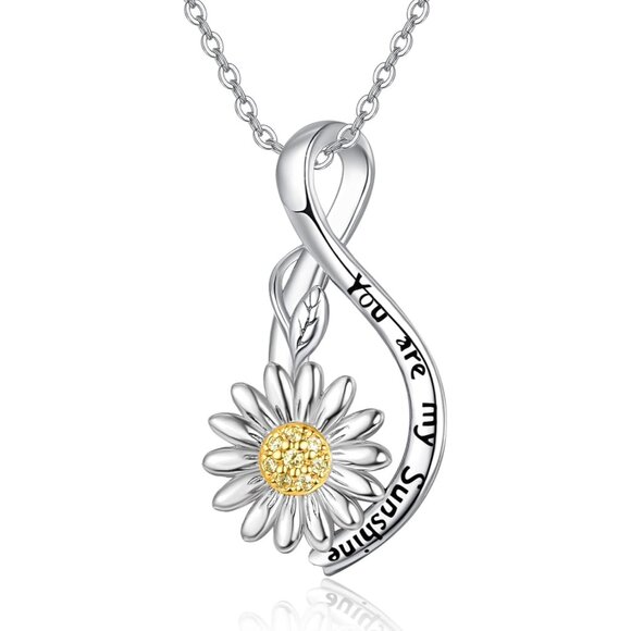 Sunflower Daisy Necklace for Women in Sterling Silver with 'You Are My Sunshine'